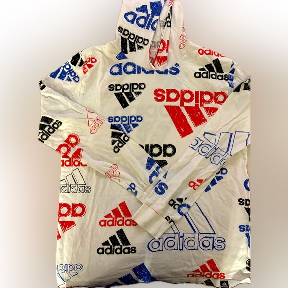 Boys Adidas long sleeve hooded‎ t-shirt in white w/ Adidas in blue & red - XL - Picture 1 of 7